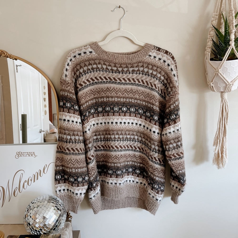 Vintage Alpaca Wool Grandpa Sweater | Brown & Tan fair isle.